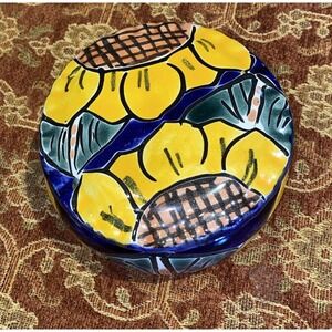 Talavera Hand Painted Mexican Pottery Vintage Jewelry Trinket Box Sunflowers‎